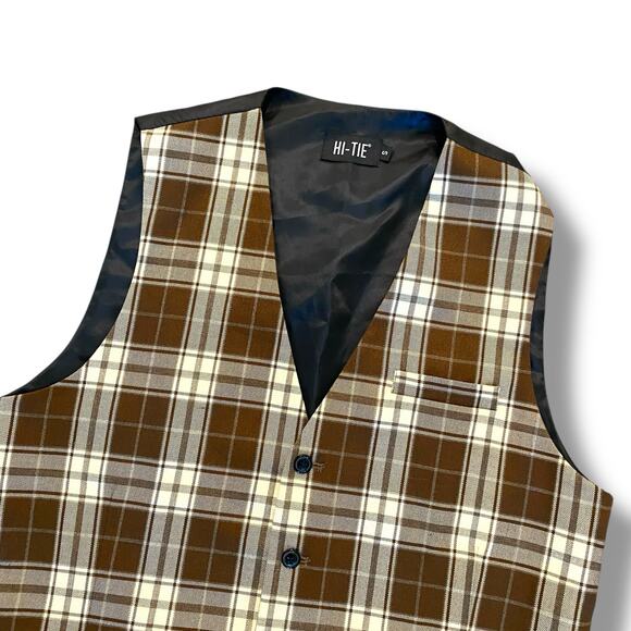 Hi Tie Men's Brown Plaid Suit Vest Sz S Woven Silk Preppy Academia Waistcoat - Picture 6 of 10